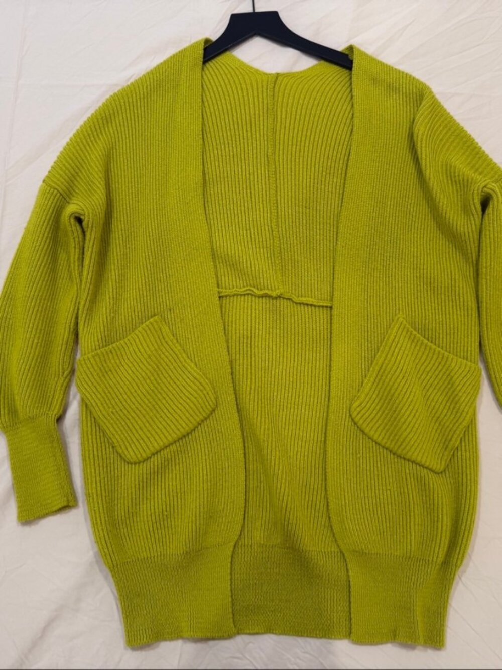 Lime Green Chunky Knit Open-Front Cardigan with Pockets - One Size